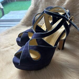Sarah Flint Navy Suede Crisscross Platform Heels with Ankle Strap